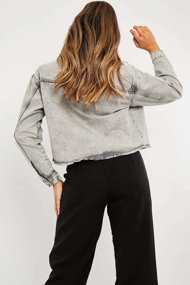 Grey Acid Frayed Hem Cropped Denim Jacket - Caryn