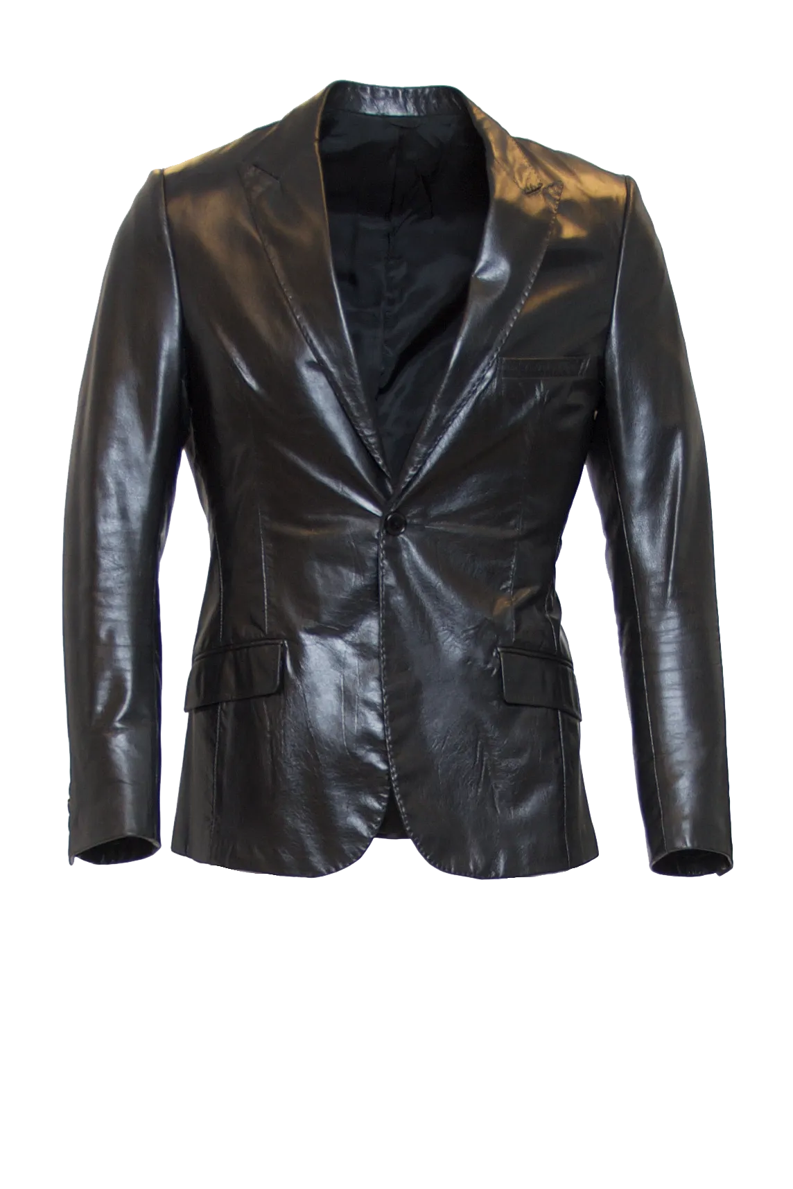 JET BLACK FITTED 2-BUTTON SINGLE BREASTED LEATHER BLAZER