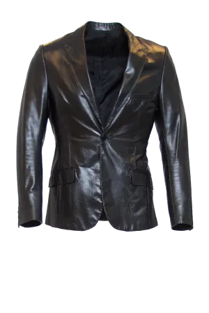 JET BLACK FITTED 2-BUTTON SINGLE BREASTED LEATHER BLAZER