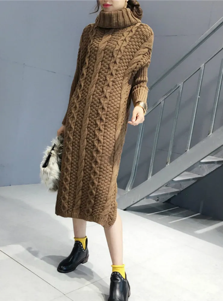 Knitted Dress Turtleneck Long Sleeve Women Warm Long Sweater Dress