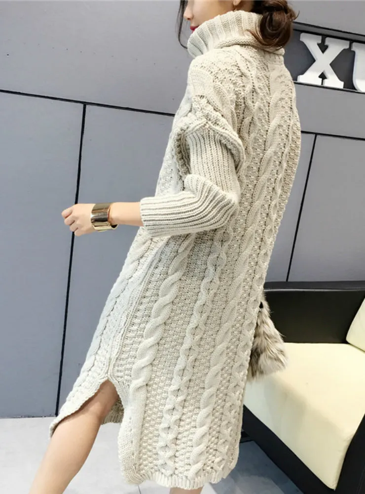 Knitted Dress Turtleneck Long Sleeve Women Warm Long Sweater Dress