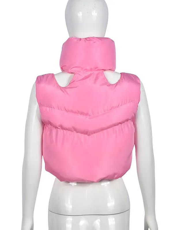 Loose Sleeveless Hollow Solid Color Zipper Stand Collar Padded Vest