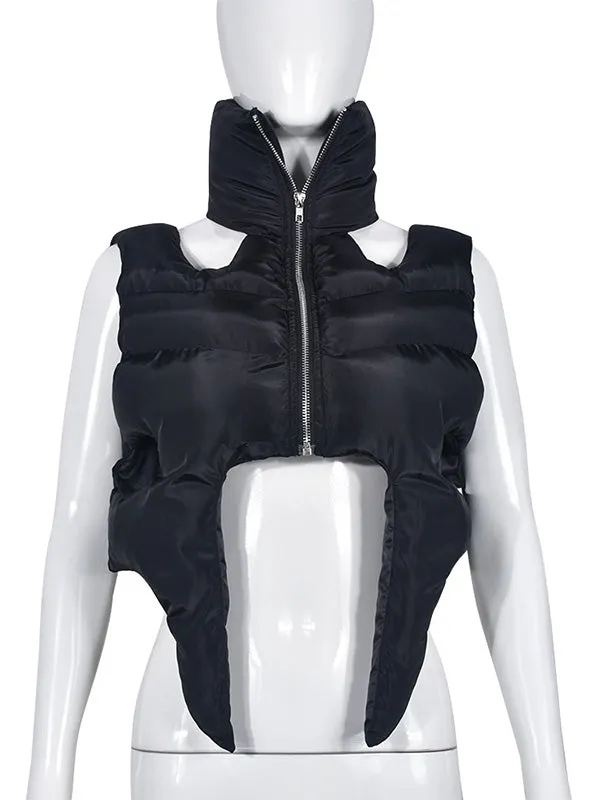 Loose Sleeveless Hollow Solid Color Zipper Stand Collar Padded Vest