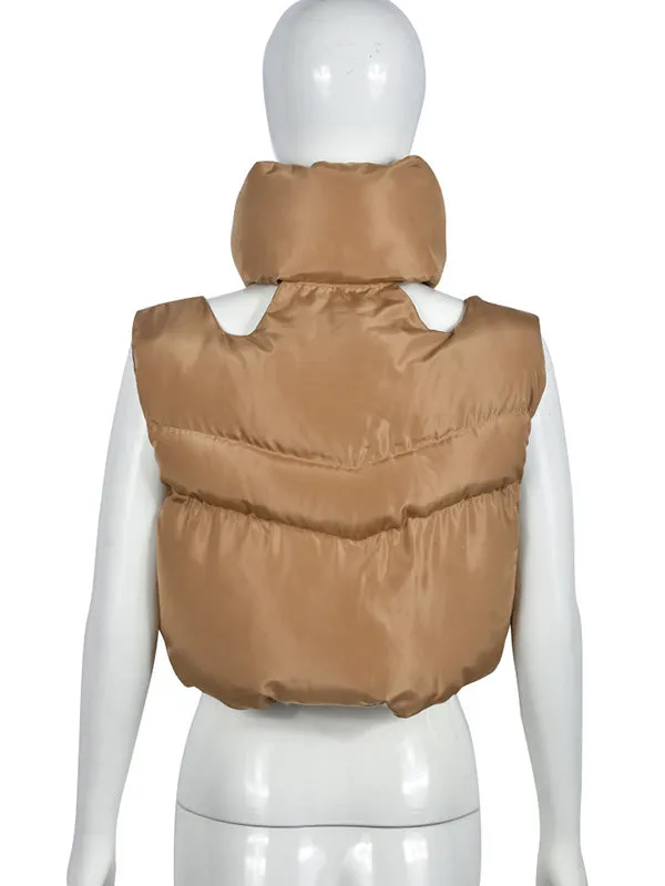 Loose Sleeveless Hollow Solid Color Zipper Stand Collar Padded Vest