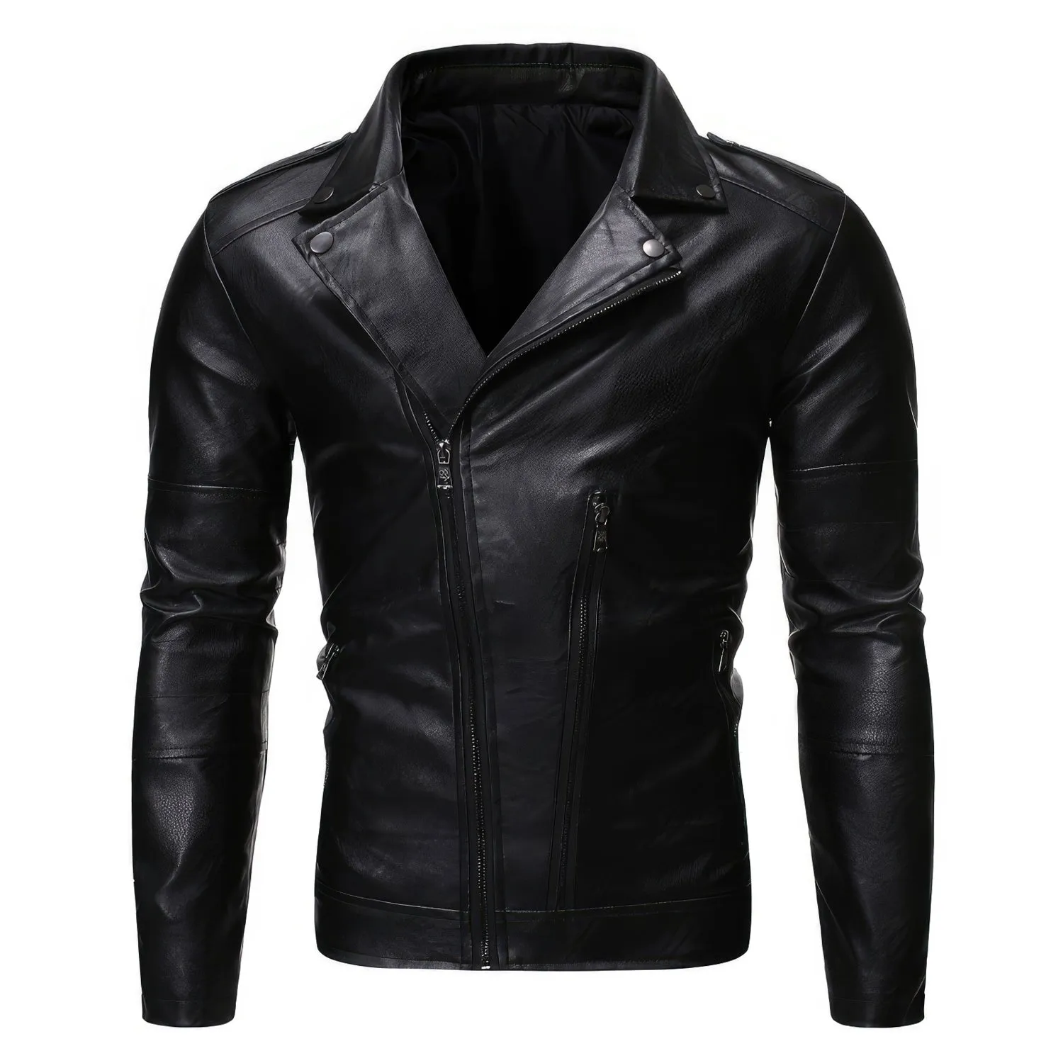 Men’s Black Biker Brando Genuine Sheepskin Lapel Collar Crossover Streetwear Motorcycle Café Racer Multi Zipper Slim Fit Leather Jacket