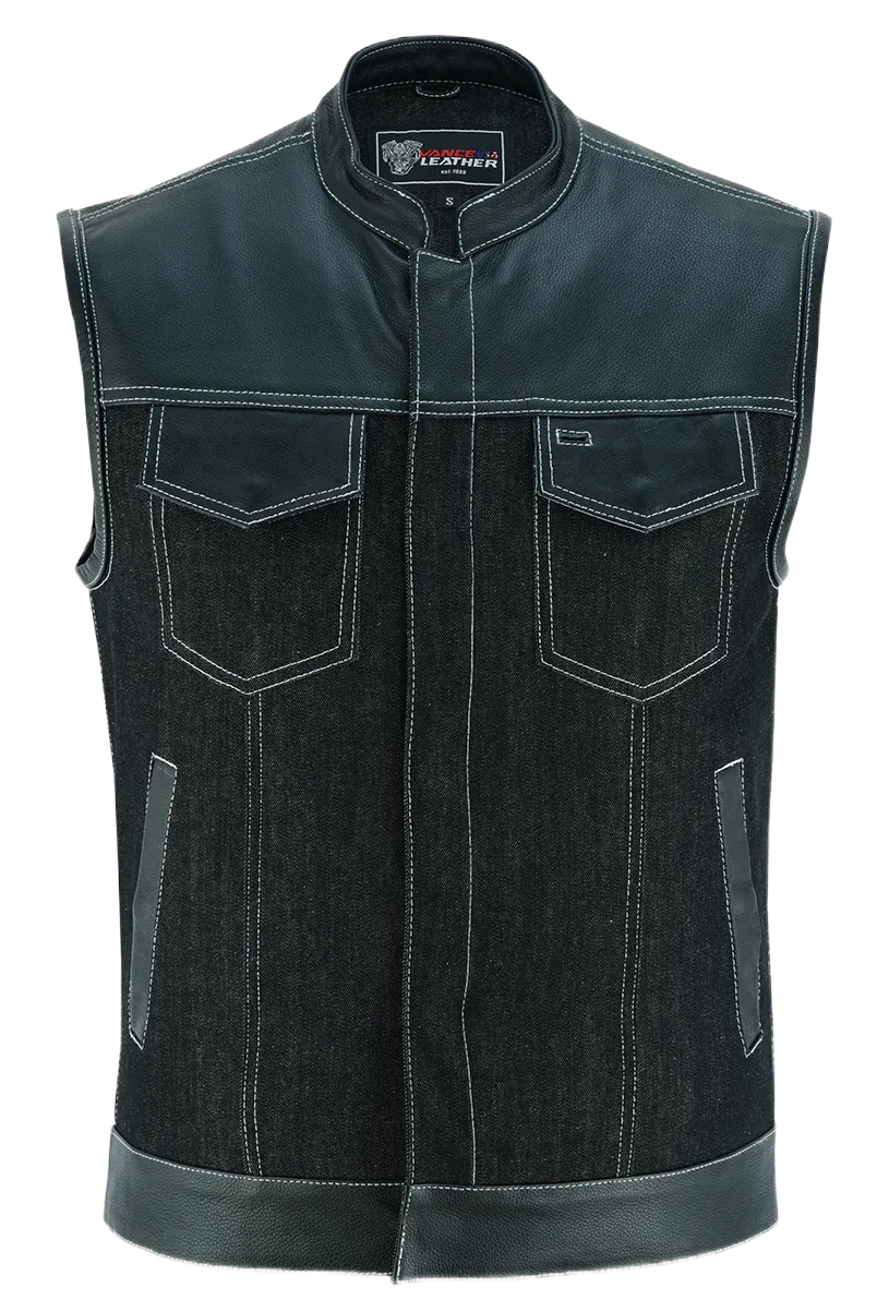 Men's Black Denim & Leather white Stitching Motorcycle Vest with Dual Conceal Carry Pockets