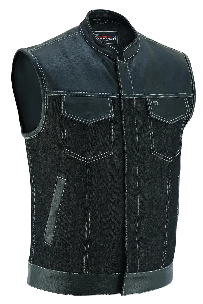 Men's Black Denim & Leather white Stitching Motorcycle Vest with Dual Conceal Carry Pockets