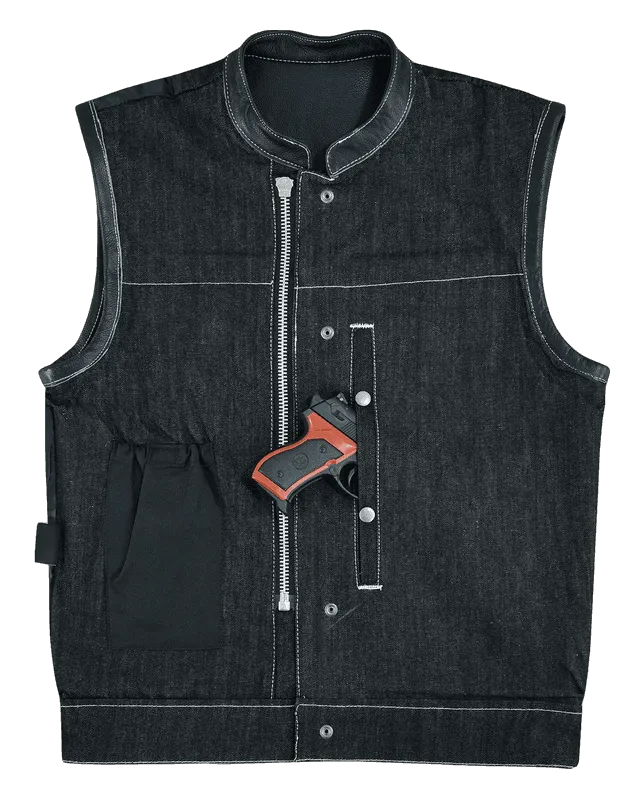 Men's Black Denim & Leather white Stitching Motorcycle Vest with Dual Conceal Carry Pockets