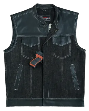 Men's Black Denim & Leather white Stitching Motorcycle Vest with Dual Conceal Carry Pockets