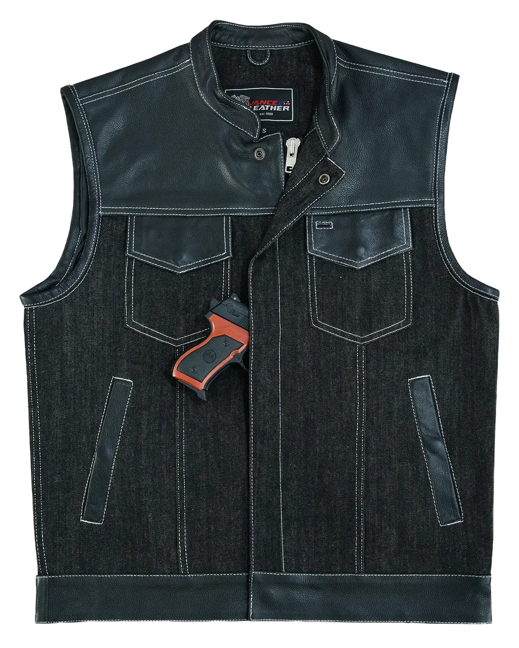 Men's Black Denim & Leather white Stitching Motorcycle Vest with Dual Conceal Carry Pockets