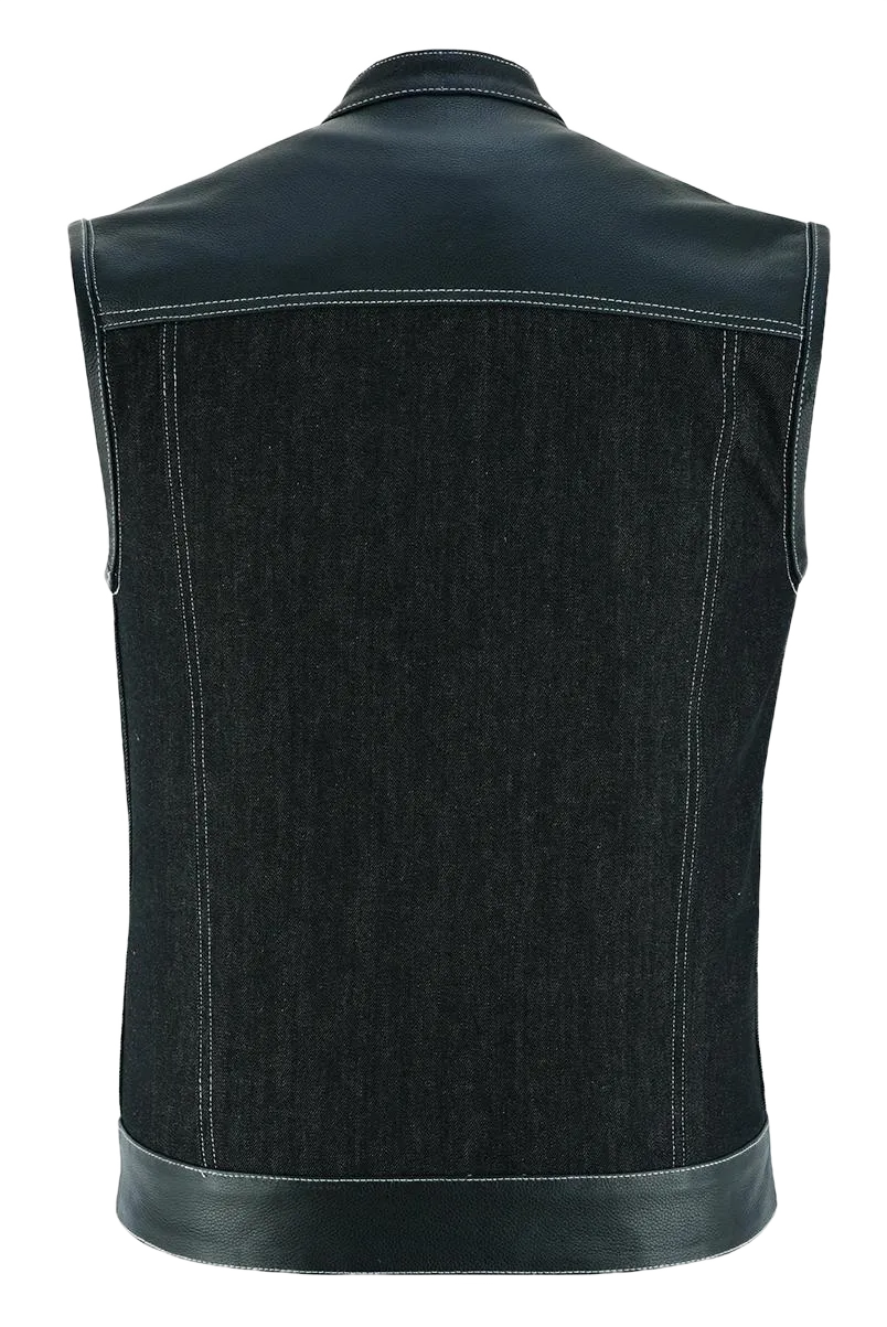 Men's Black Denim & Leather white Stitching Motorcycle Vest with Dual Conceal Carry Pockets