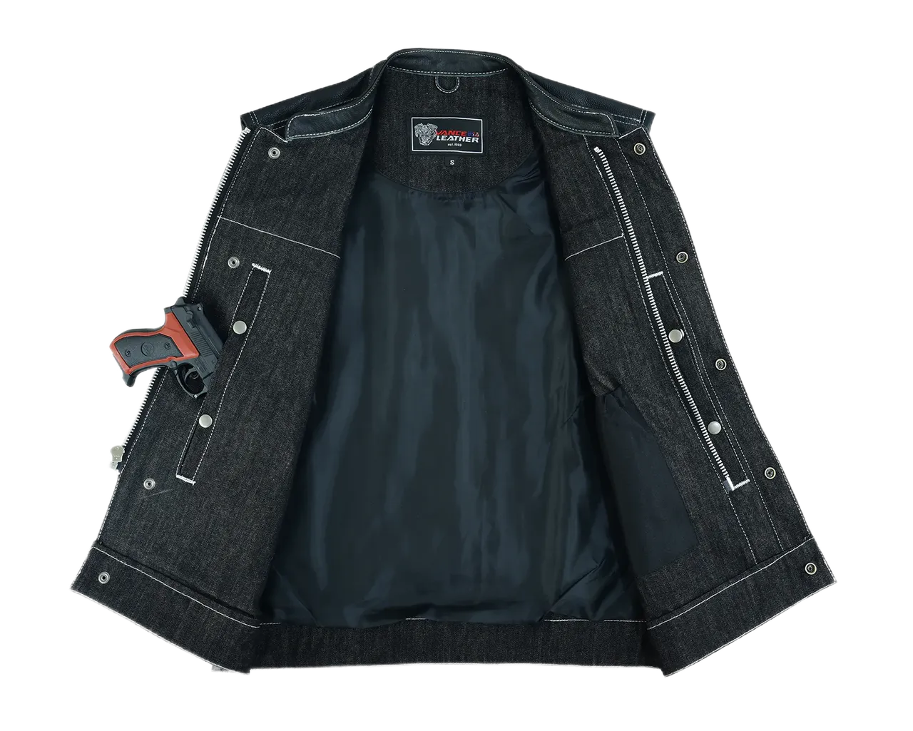 Men's Black Denim & Leather white Stitching Motorcycle Vest with Dual Conceal Carry Pockets