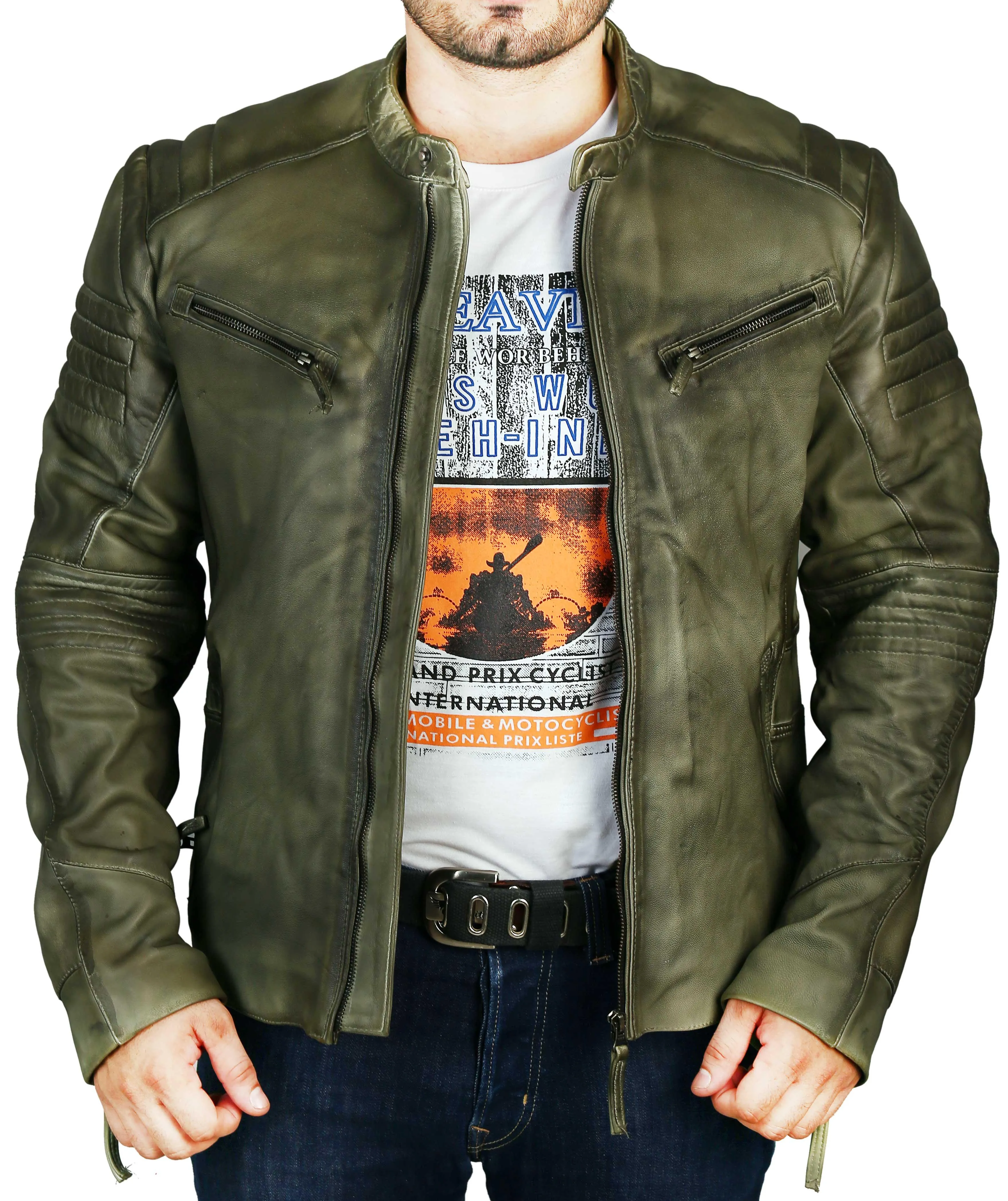 Men's Elite Herran Biker Motorcycle  Distressed Green Leather Jacket