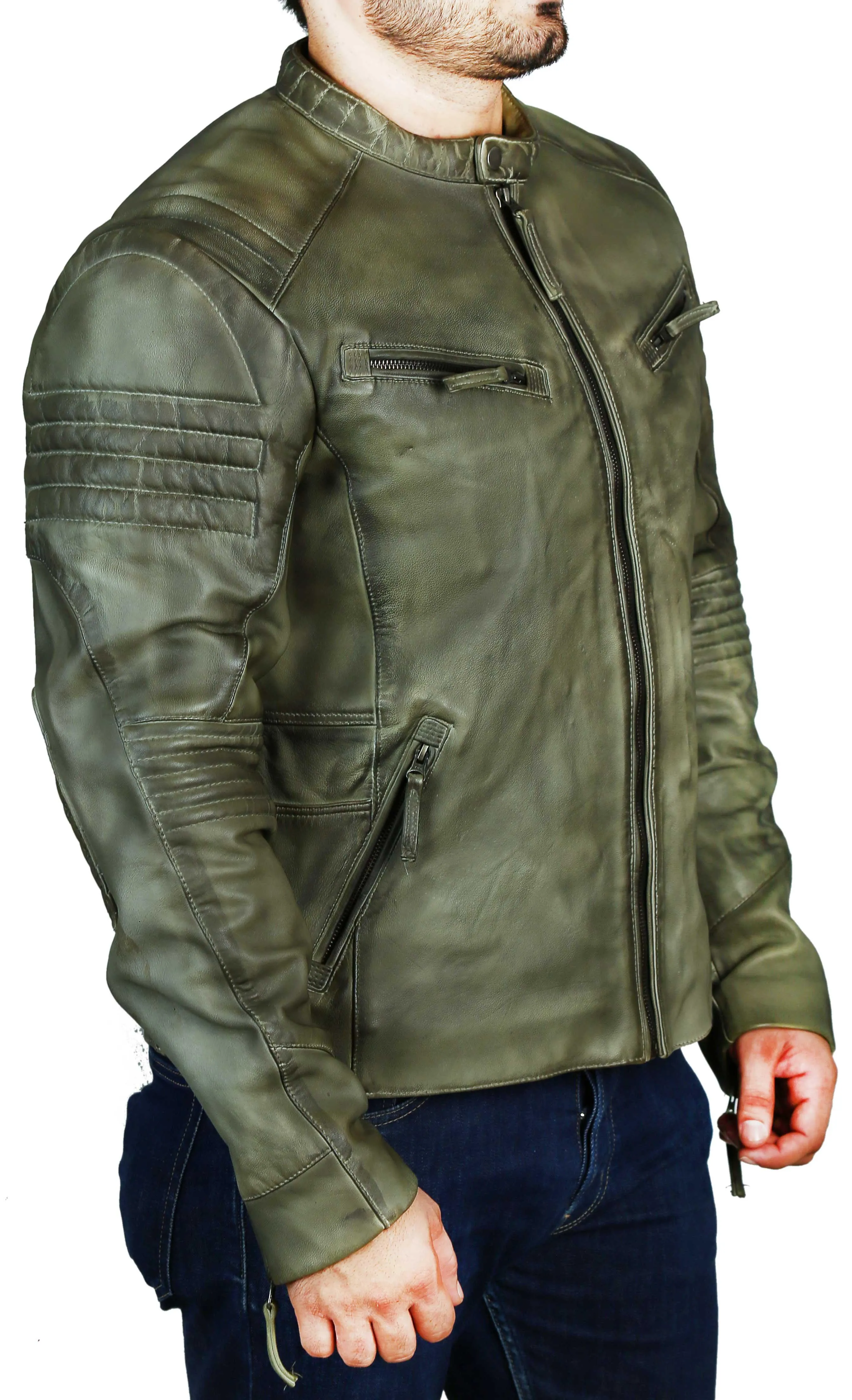 Men's Elite Herran Biker Motorcycle  Distressed Green Leather Jacket