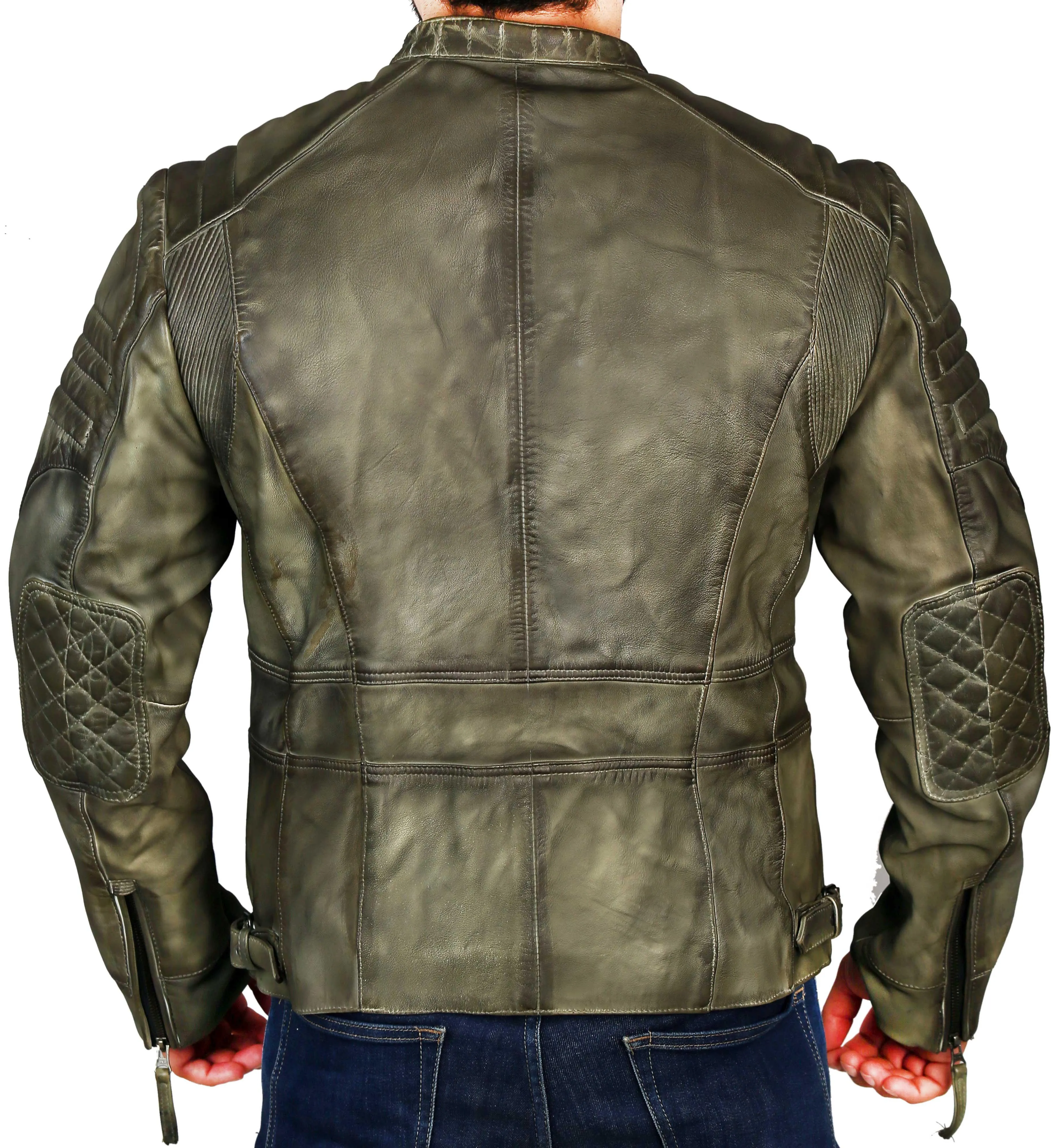 Men's Elite Herran Biker Motorcycle  Distressed Green Leather Jacket