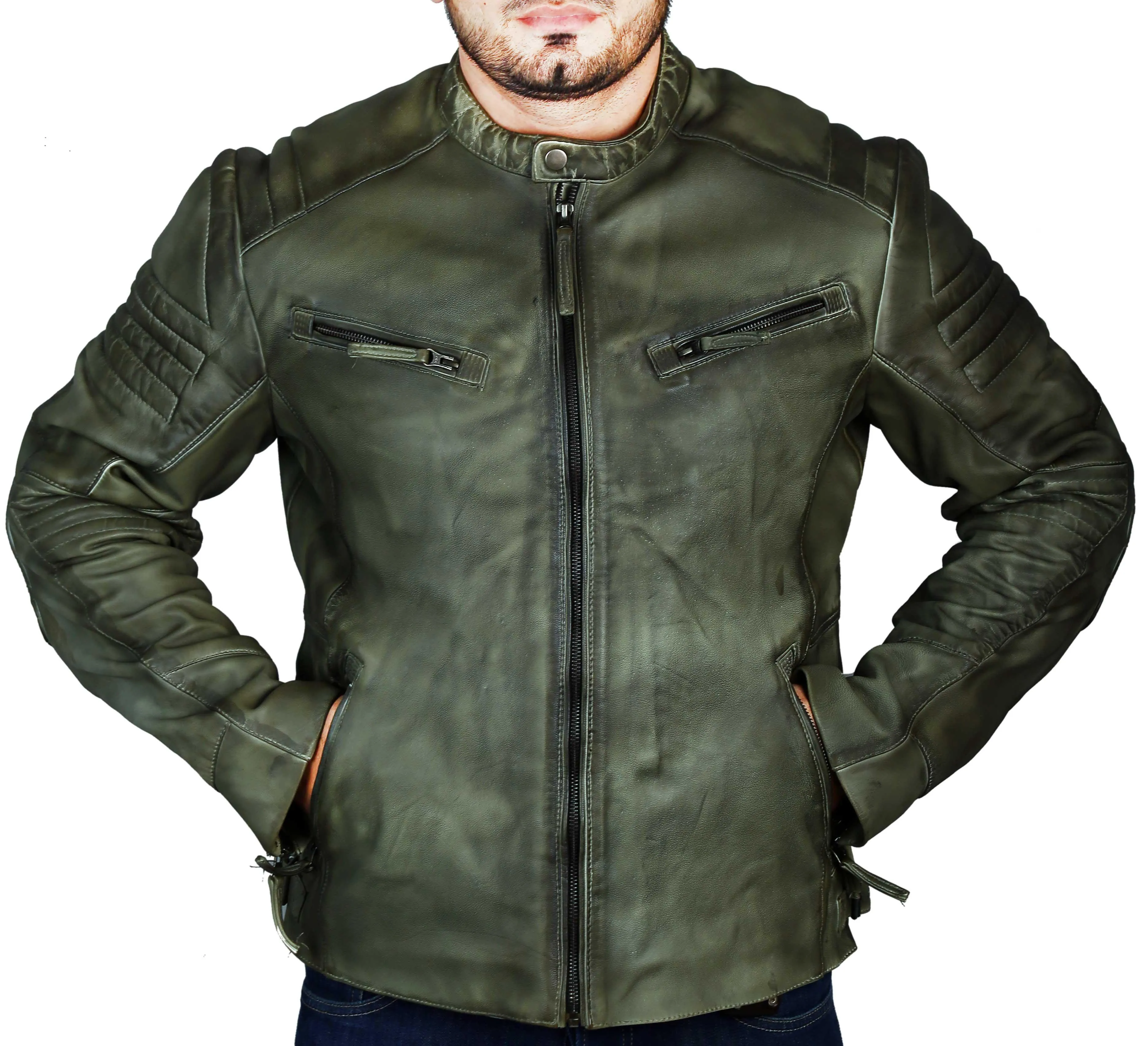 Men's Elite Herran Biker Motorcycle  Distressed Green Leather Jacket