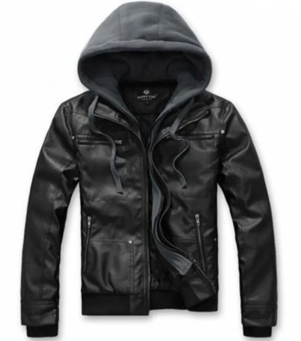 Mens Hooded Faux Leather Jacket