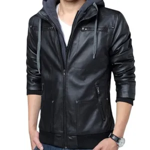 Mens Hooded Faux Leather Jacket