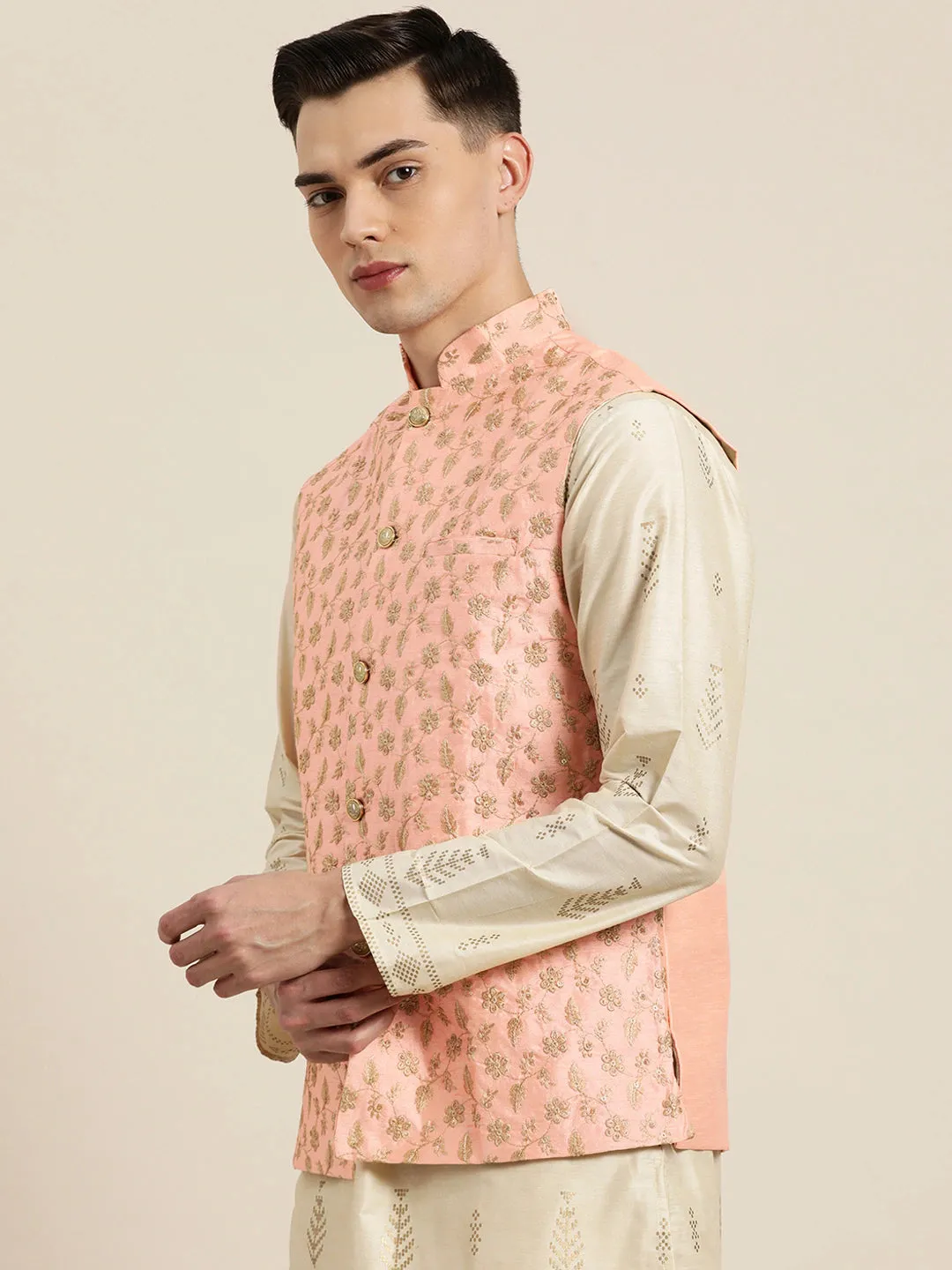 Men's Silk Blend Peach & Gold Embroidered Only Nehrujacket - Sojanya