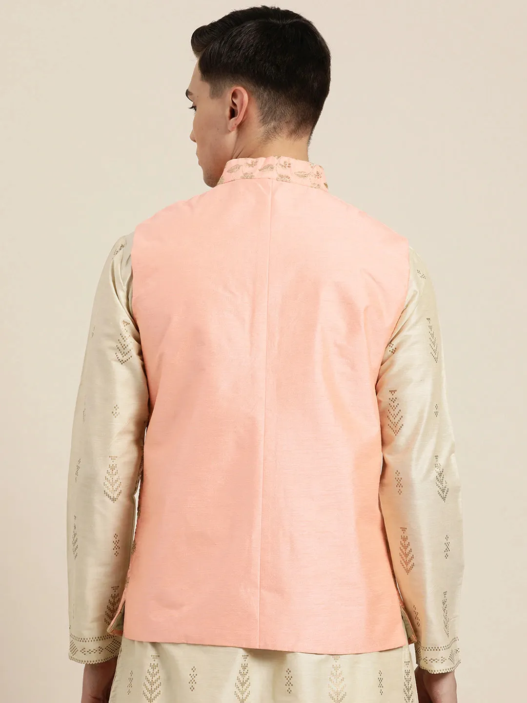 Men's Silk Blend Peach & Gold Embroidered Only Nehrujacket - Sojanya