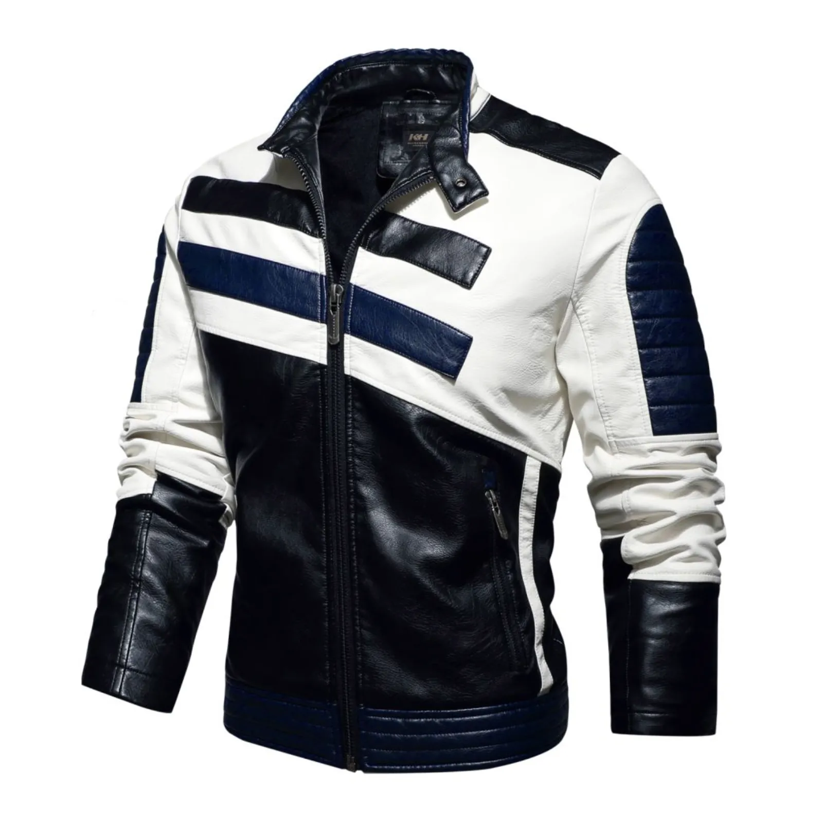 Mens Striped Biker Vegan Leather Jacket