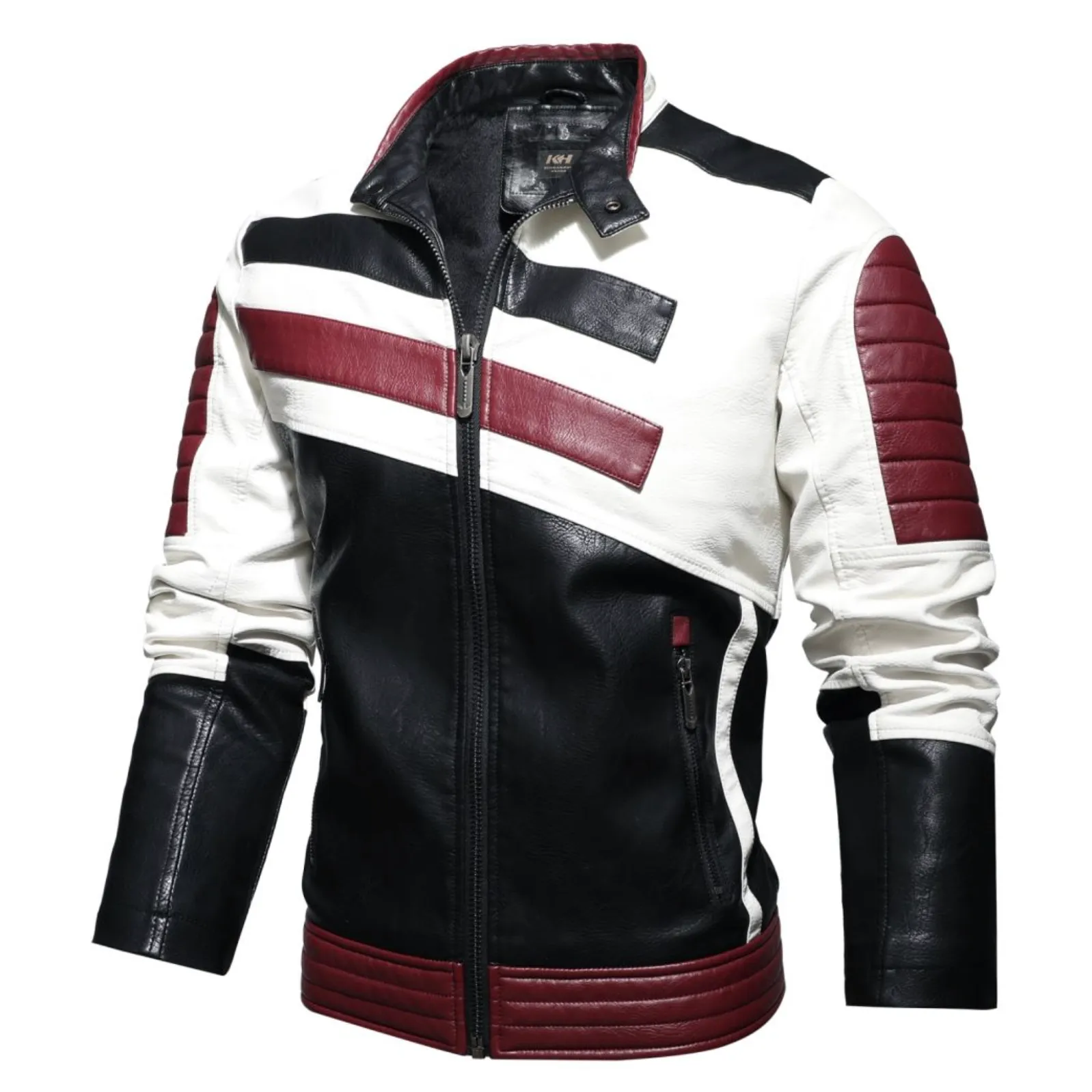 Mens Striped Biker Vegan Leather Jacket