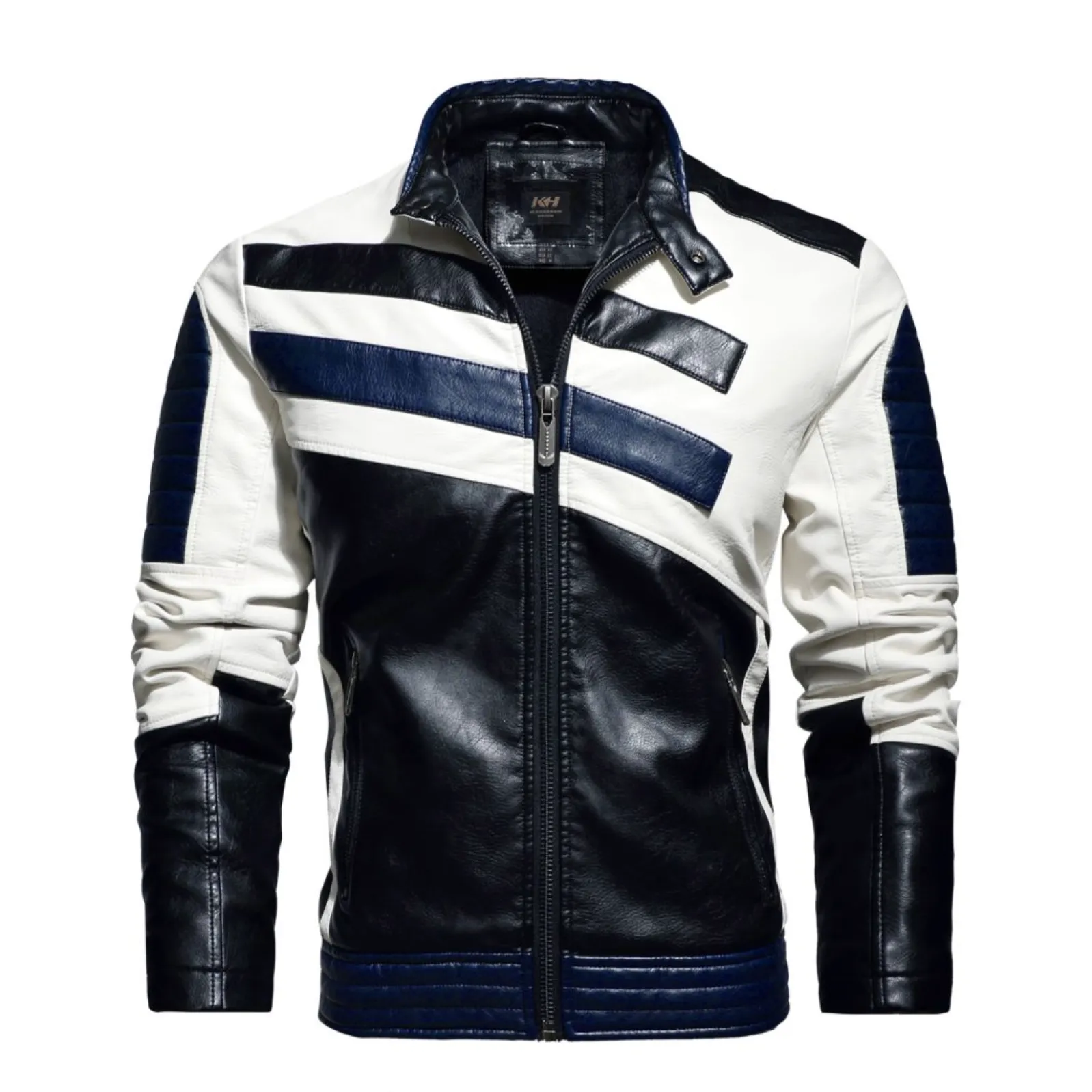 Mens Striped Biker Vegan Leather Jacket