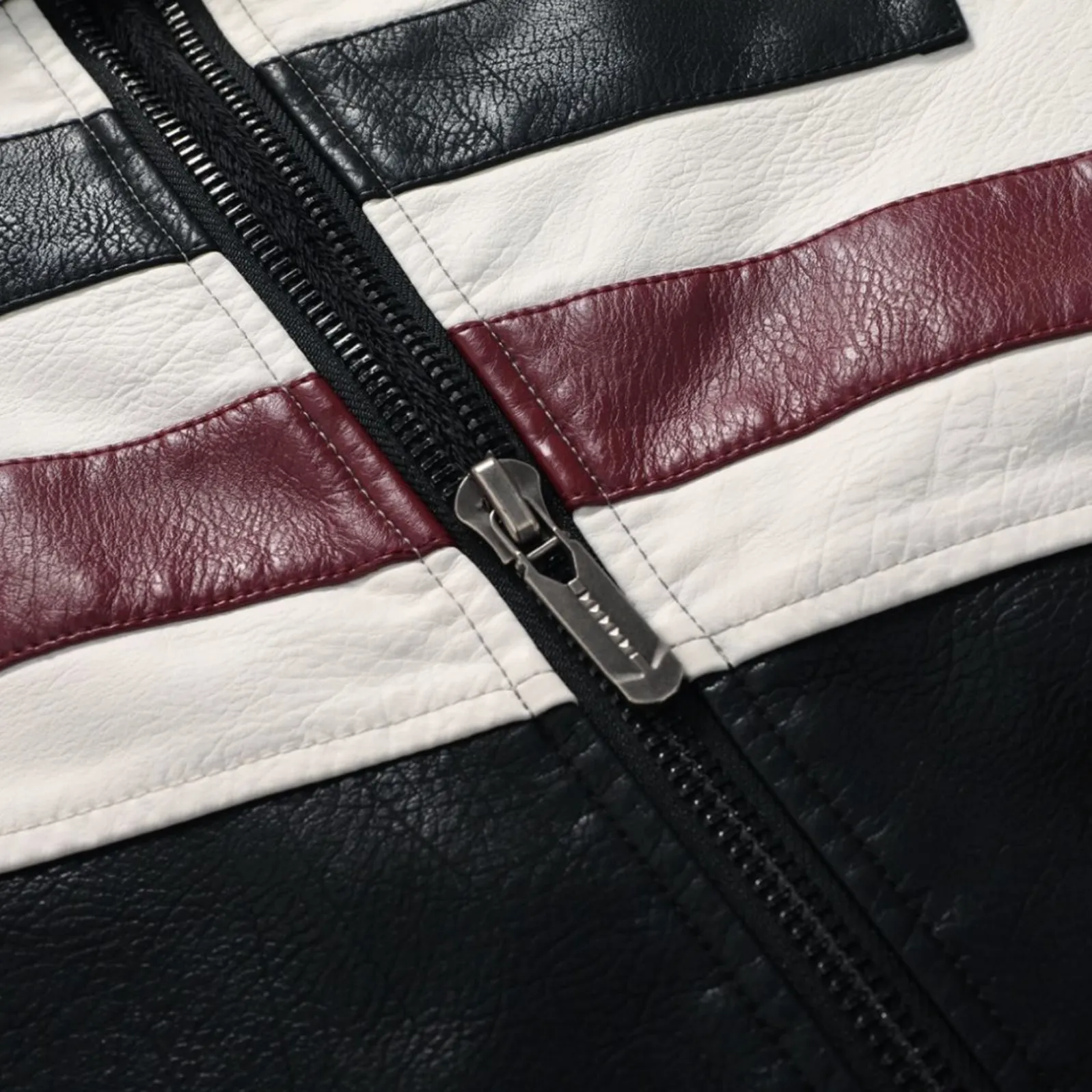 Mens Striped Biker Vegan Leather Jacket