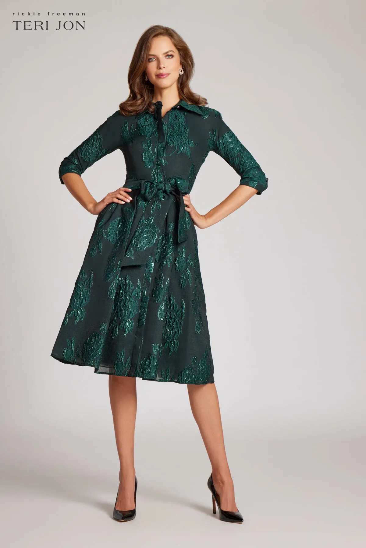 Metallic Jacquard Shirt Dress with Floral Print