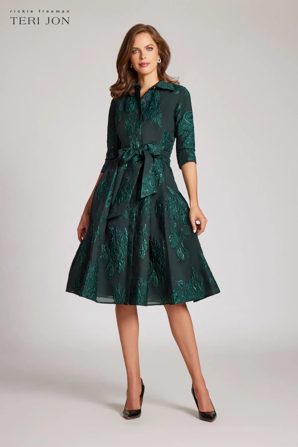 Metallic Jacquard Shirt Dress with Floral Print