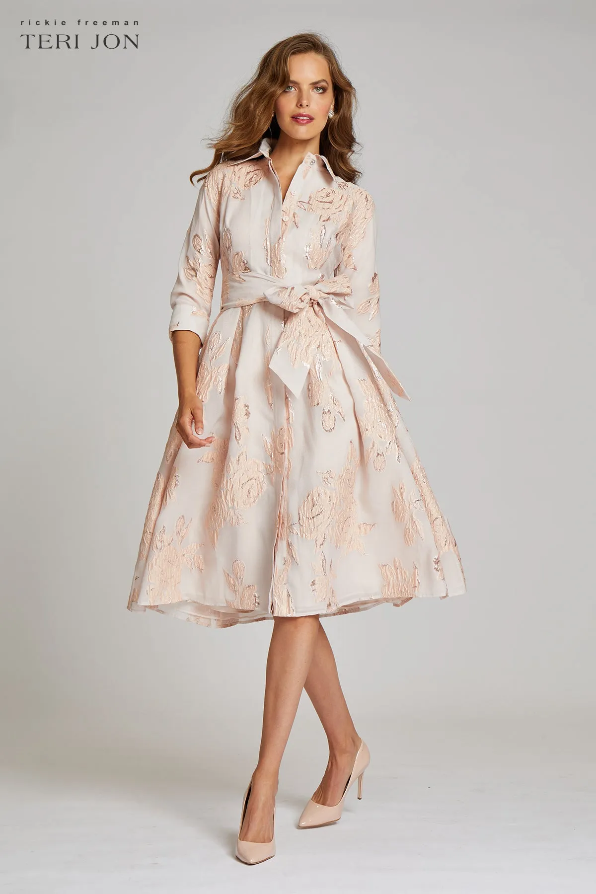 Metallic Jacquard Shirt Dress with Floral Print