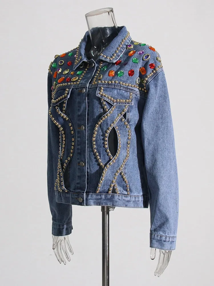 Patchwork Hit Color Diamond  Denim Jackets For Women Lapel Long Sleeve Hollow Out All Season Jacket Female Fashion