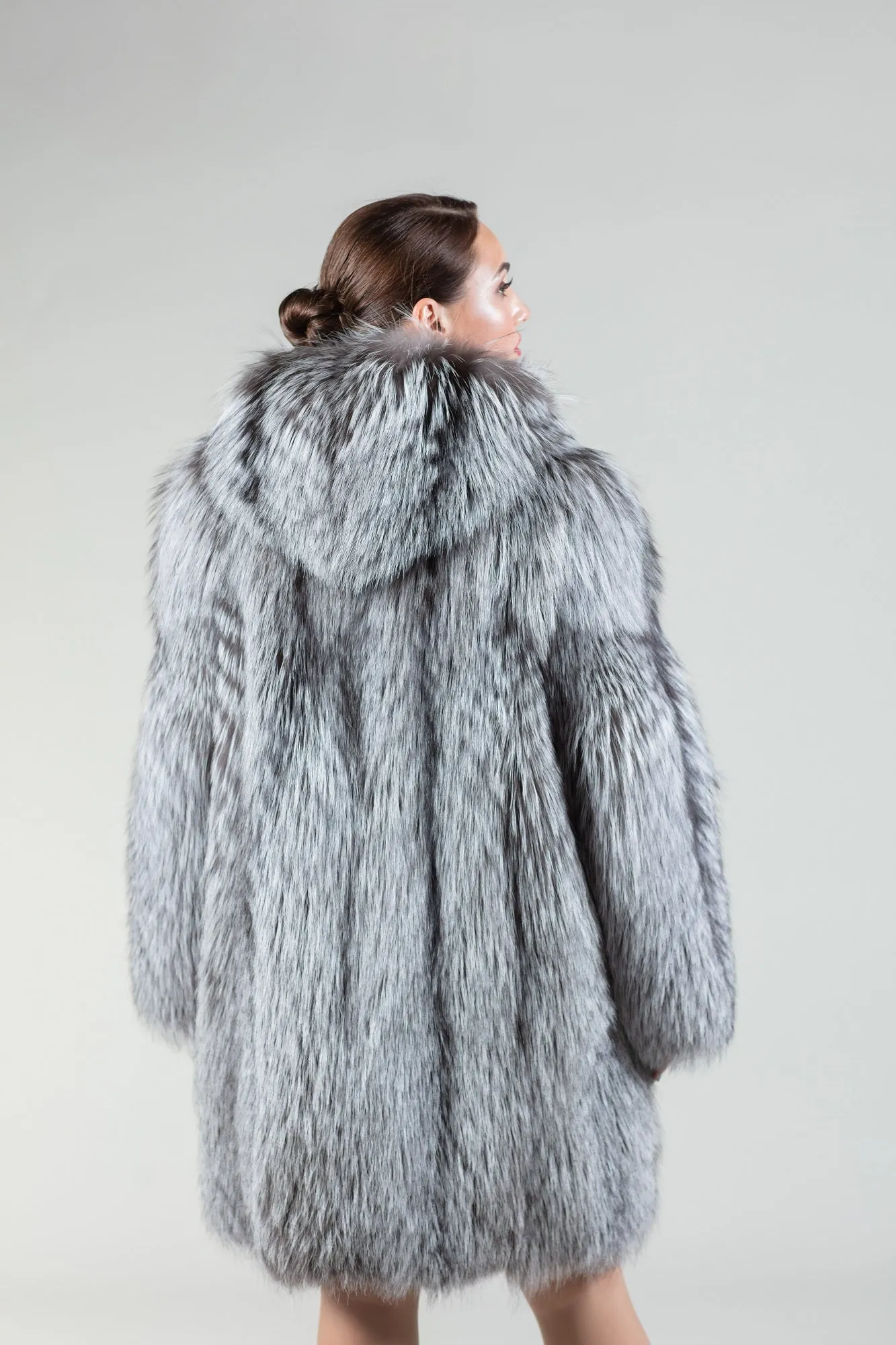 Real Silver Fox Fur Coat Hooded