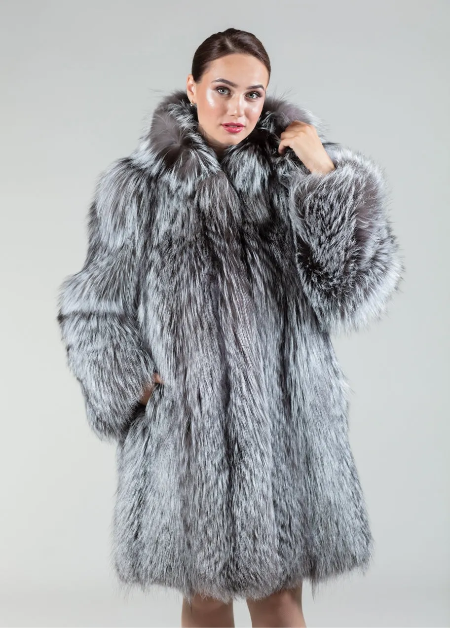 Real Silver Fox Fur Coat Hooded