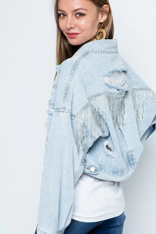 Rhinestone Fringe Distressed Denim Jacket *Online Only*