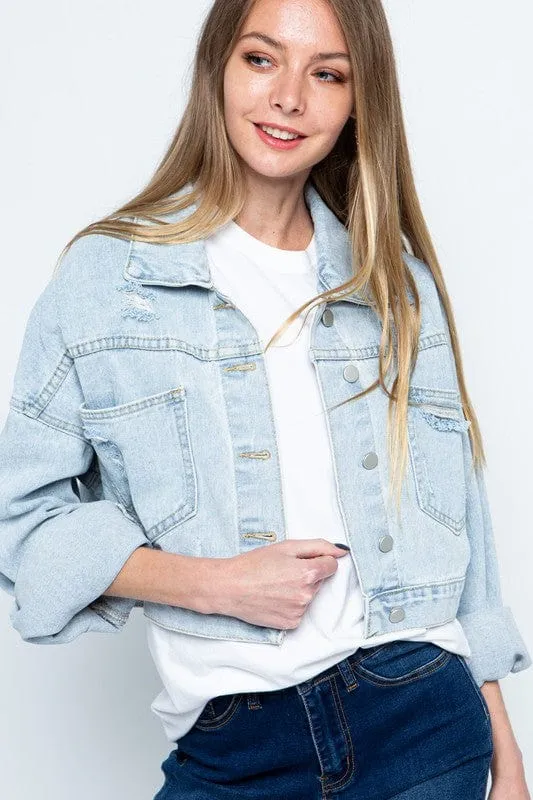 Rhinestone Fringe Distressed Denim Jacket *Online Only*