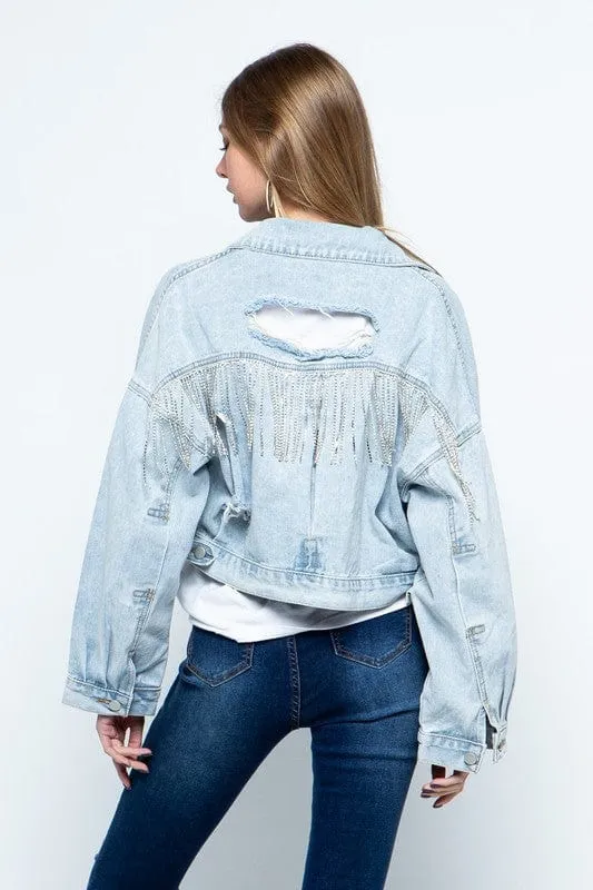 Rhinestone Fringe Distressed Denim Jacket *Online Only*