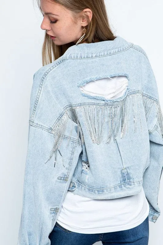 Rhinestone Fringe Distressed Denim Jacket *Online Only*