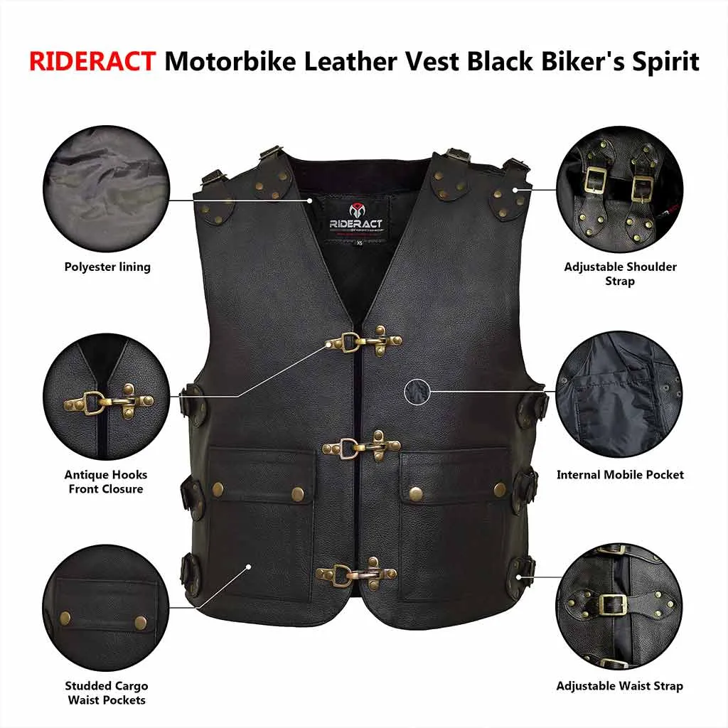 RIDERACT® Motorbike Leather Vest Black Biker's Spirit