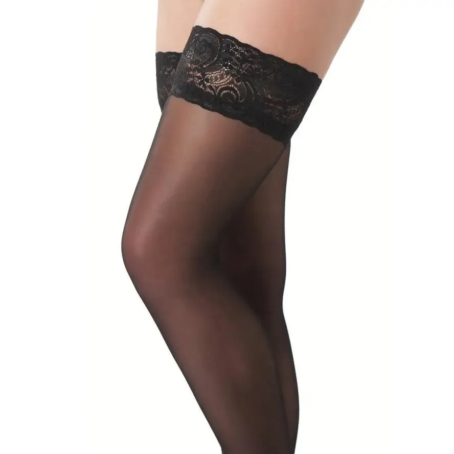 Rimba Stretchy Sexy Black Hold-up Stockings with Floral Lace Top