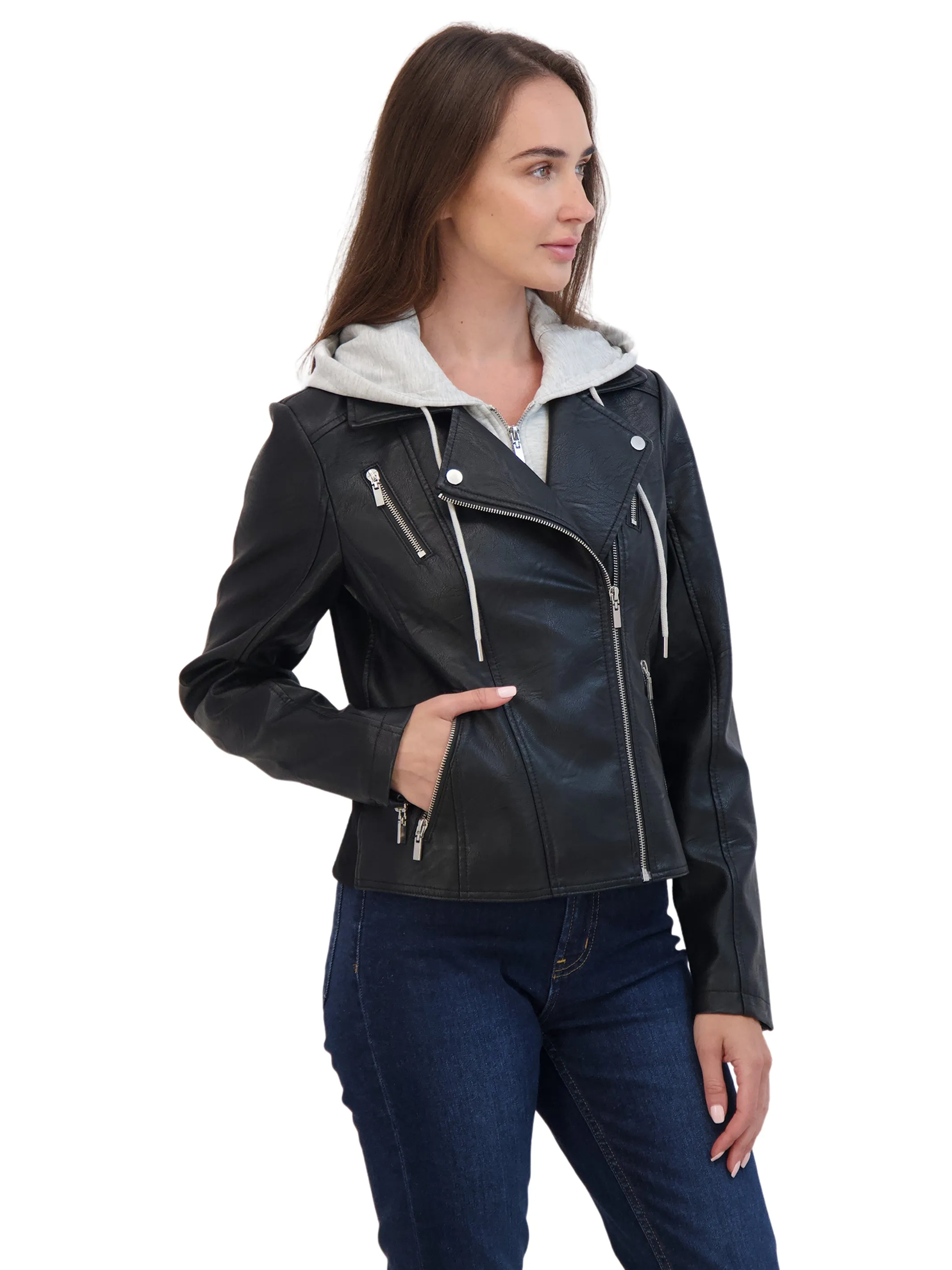 Sebby Collection Women's Faux Leather Biker Jacket With Removeable Hood Bib