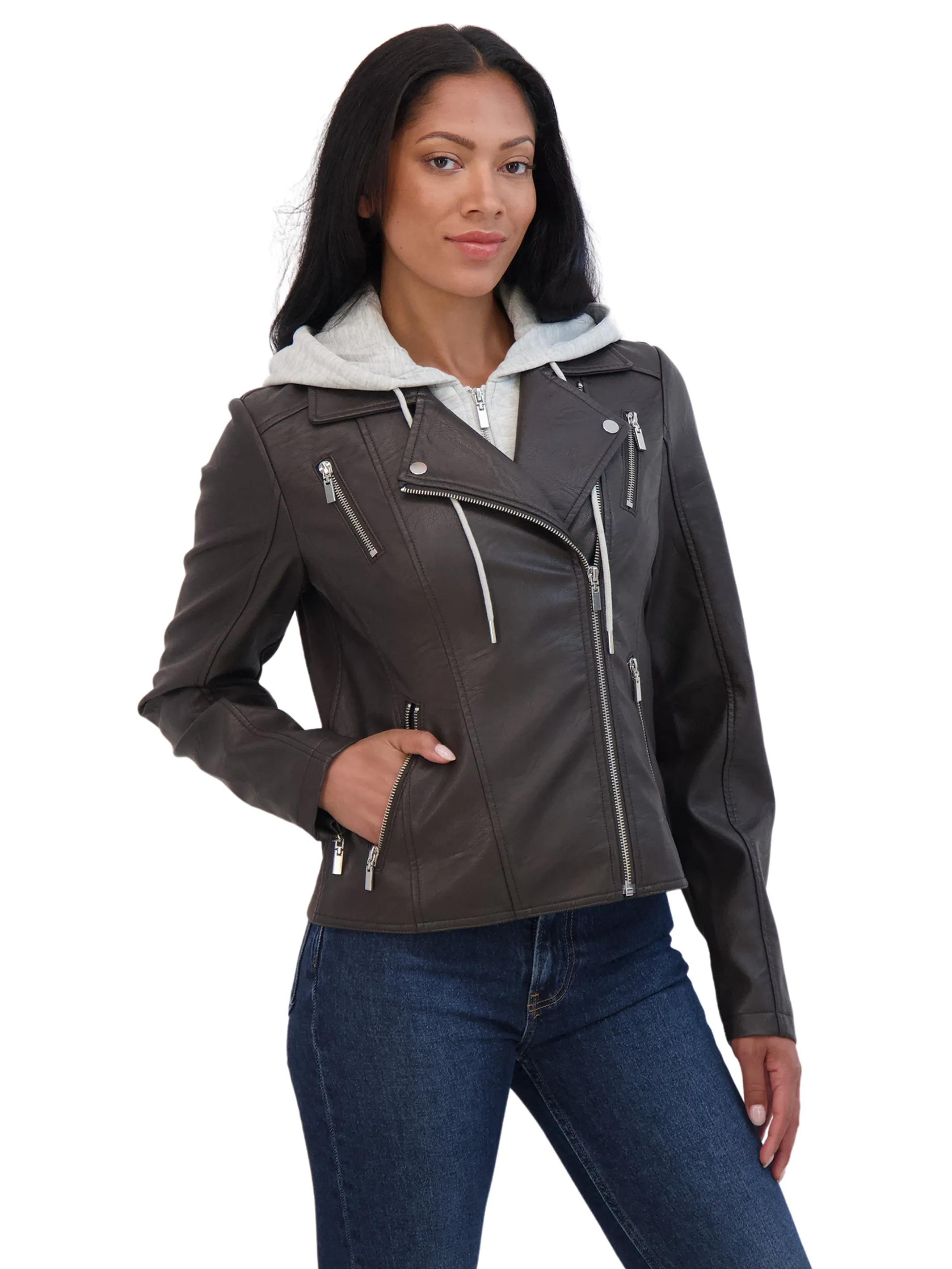 Sebby Collection Women's Faux Leather Biker Jacket With Removeable Hood Bib