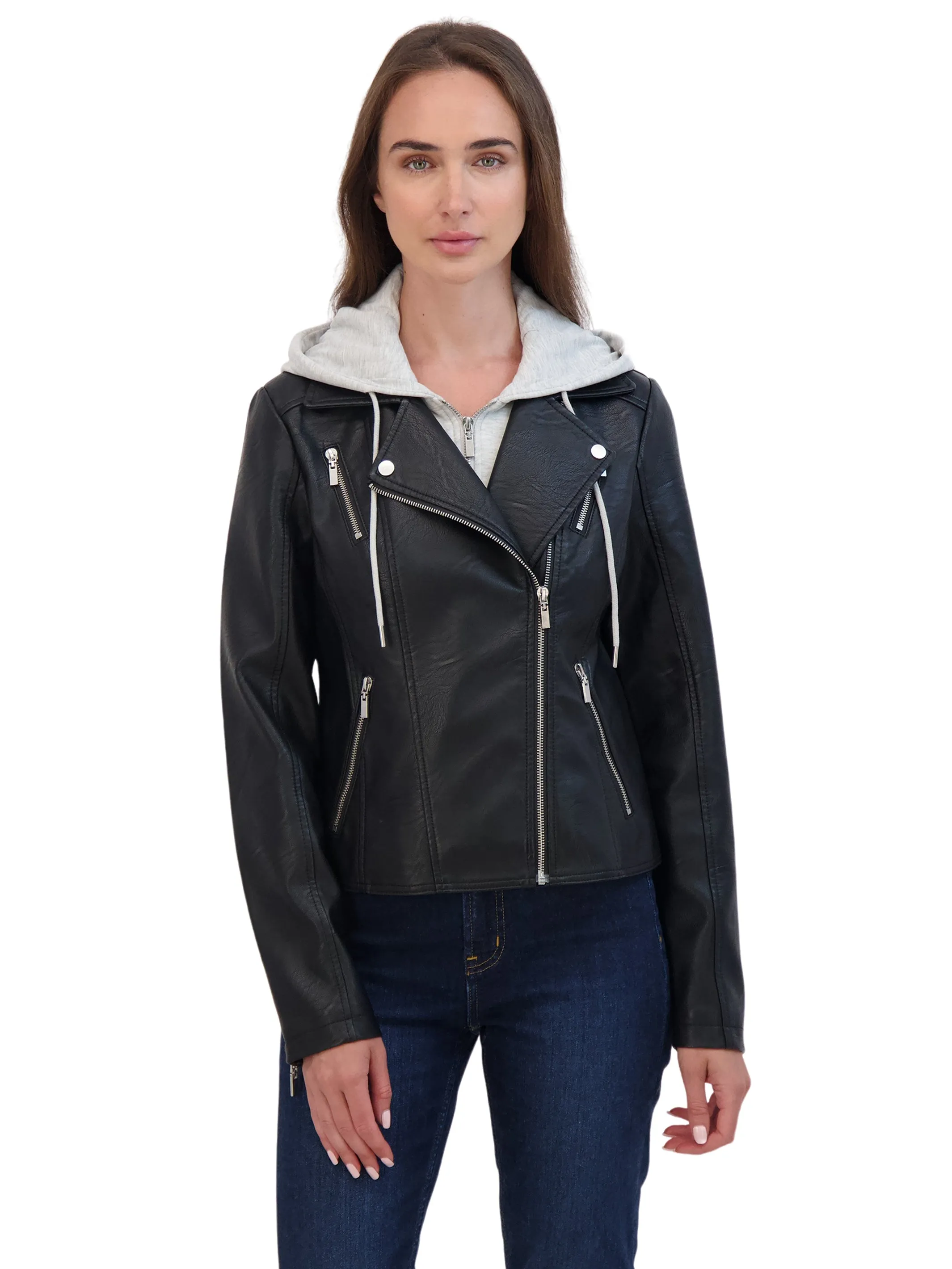 Sebby Collection Women's Faux Leather Biker Jacket With Removeable Hood Bib