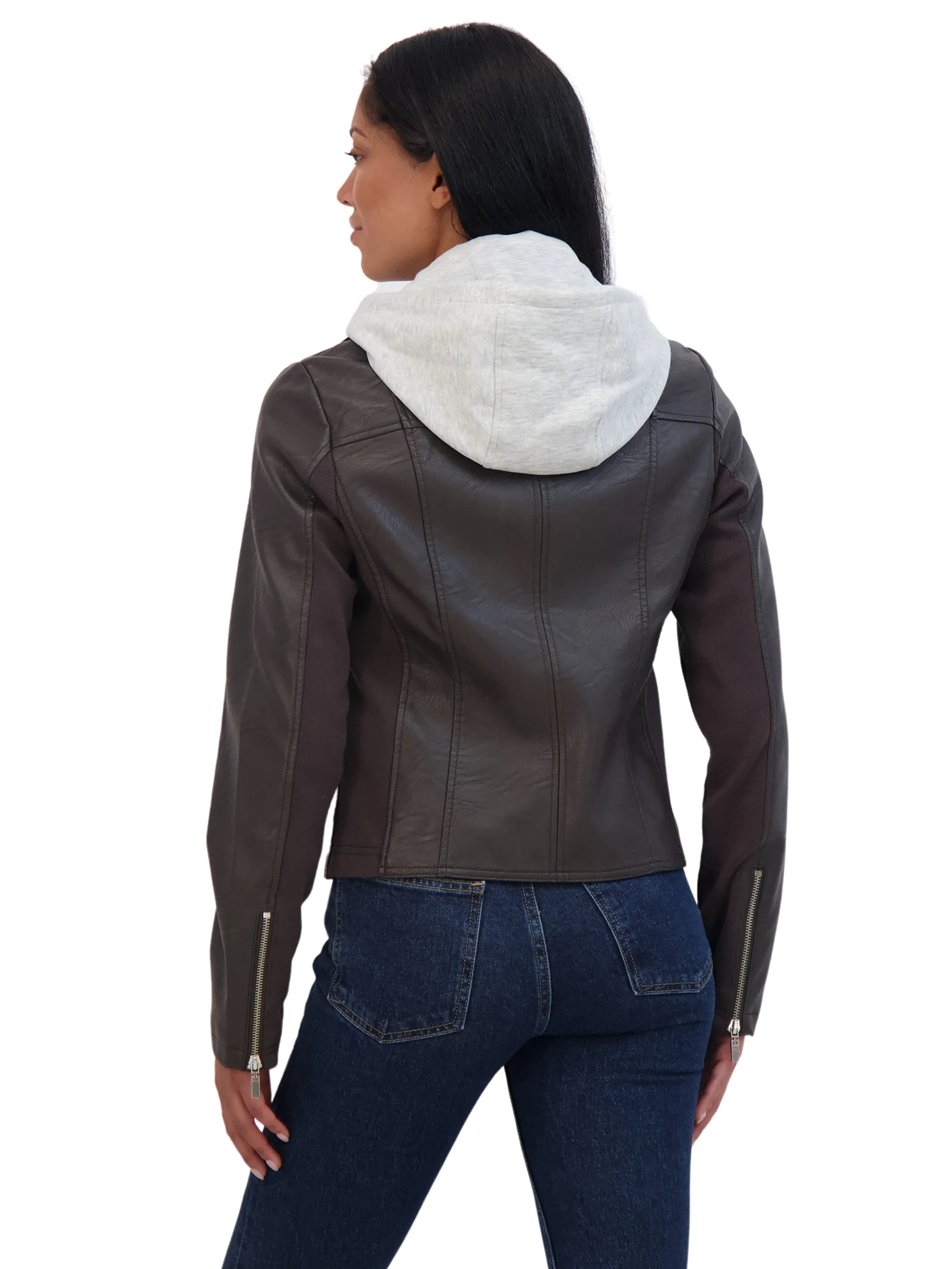 Sebby Collection Women's Faux Leather Biker Jacket With Removeable Hood Bib