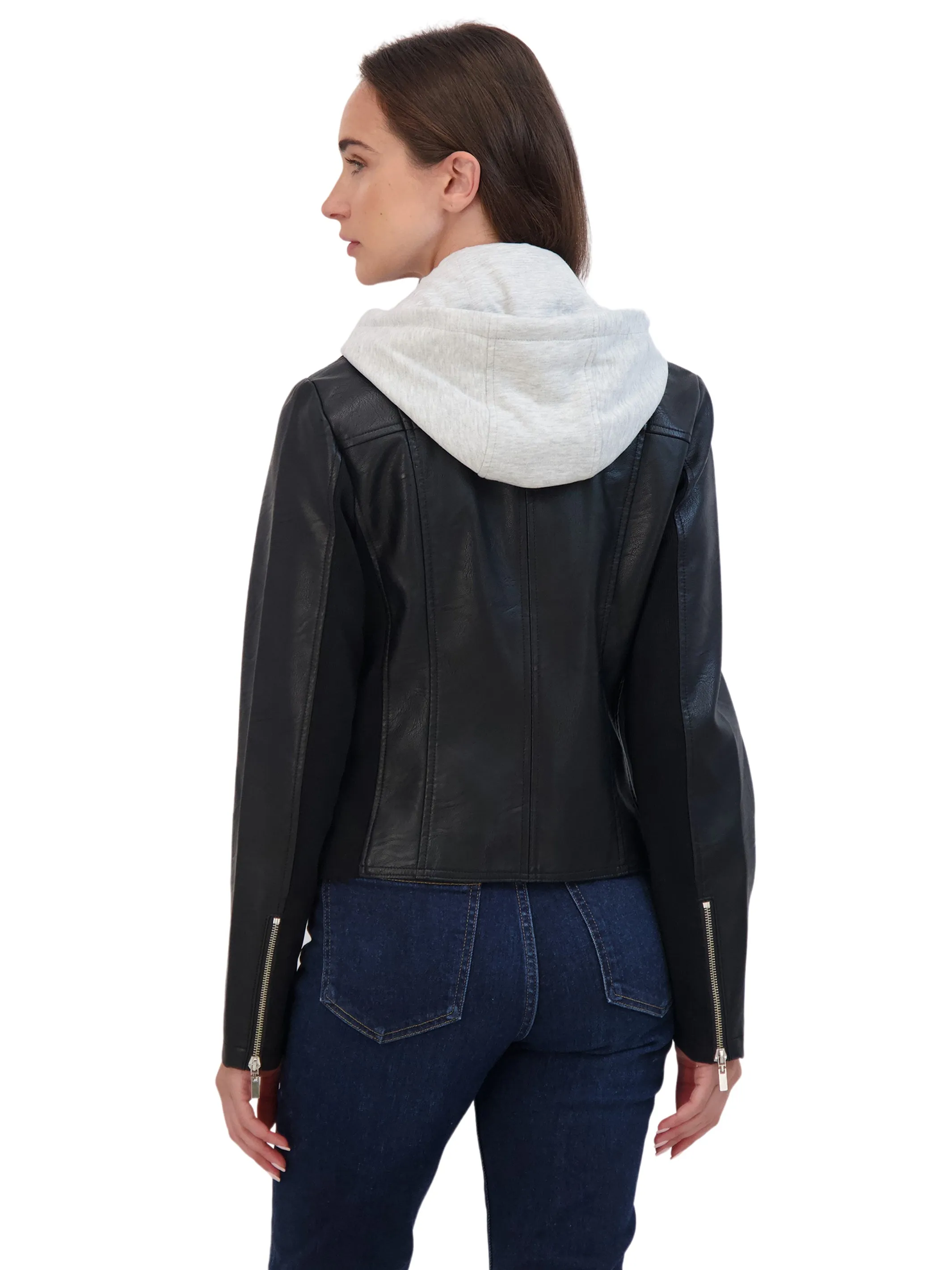 Sebby Collection Women's Faux Leather Biker Jacket With Removeable Hood Bib