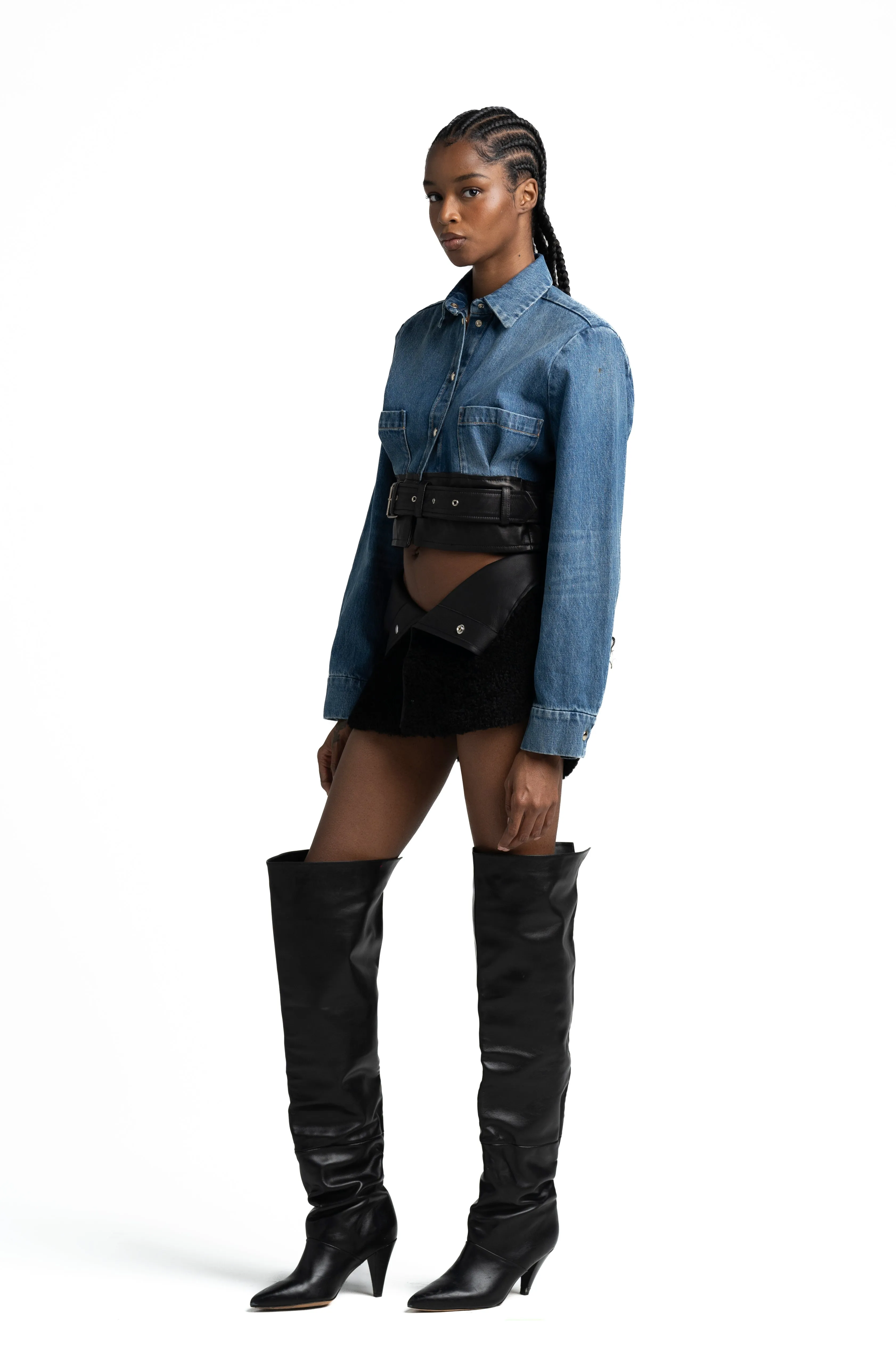 SMV X IRO DENIM LEATHER CROP SHIRT