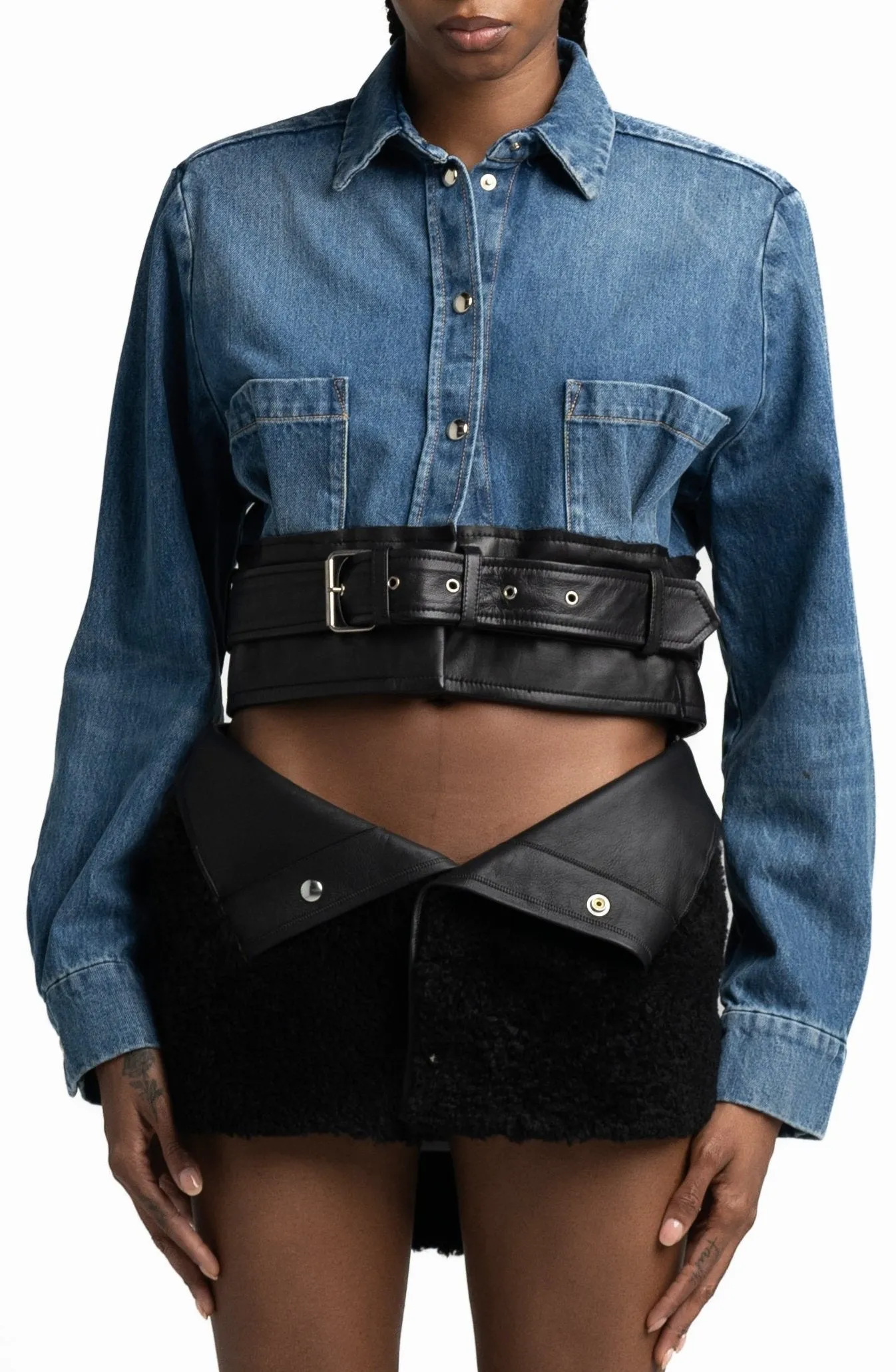 SMV X IRO DENIM LEATHER CROP SHIRT