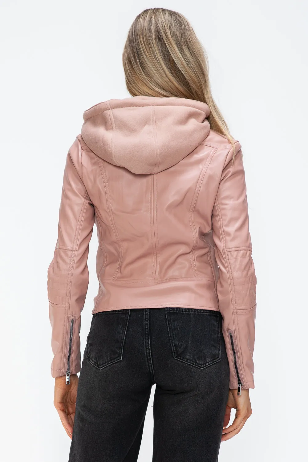 Snobbish Faux Leather Zip Up Drawstring Hooded Jacket