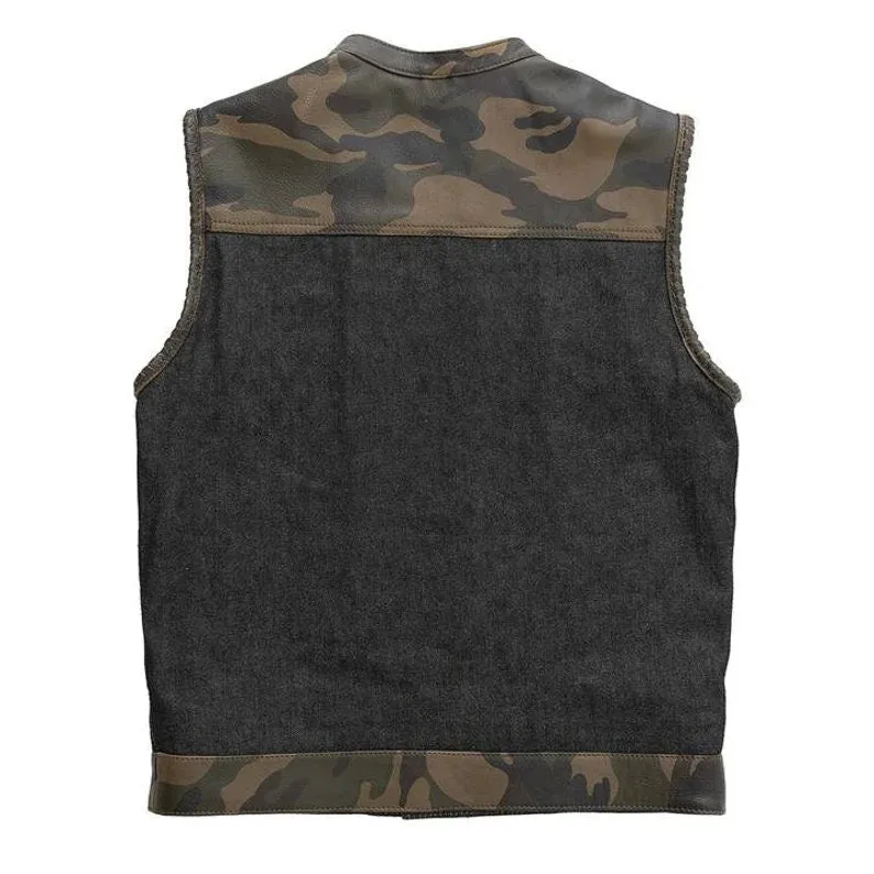 Son Of Anarchy Denim Camo Leather Motorcycle Biker Vest, Men's Leather Vest, Leather Vest, Denim Vest