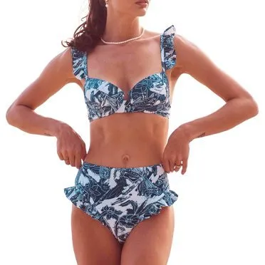 Three Peice Ruffle Trim High Waisted Bikini Set With Tie Around Skirt By Sinderella